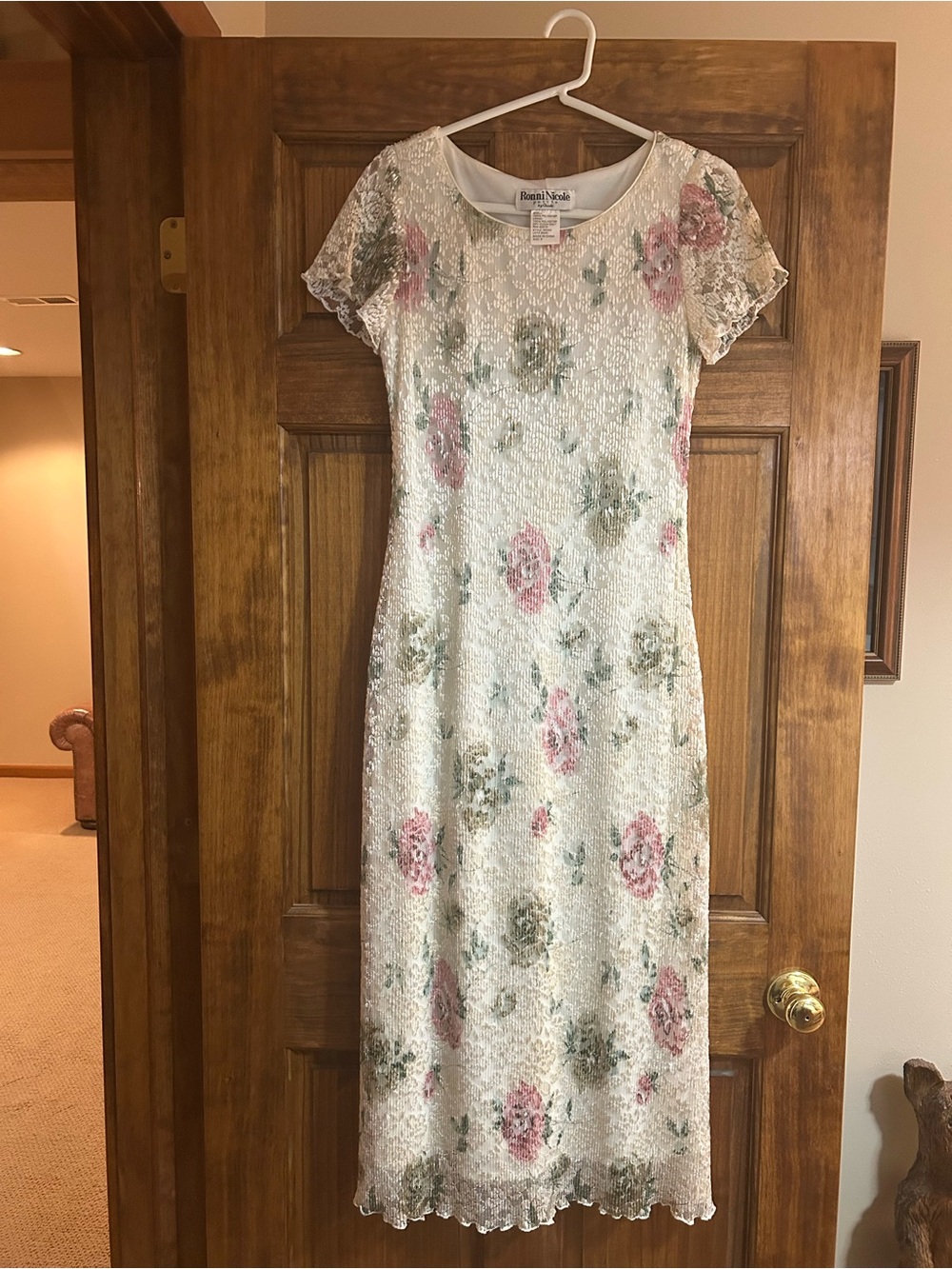 Ronni Nicole Cream Lace Maxi Dress with Pink and Sage Floral Print